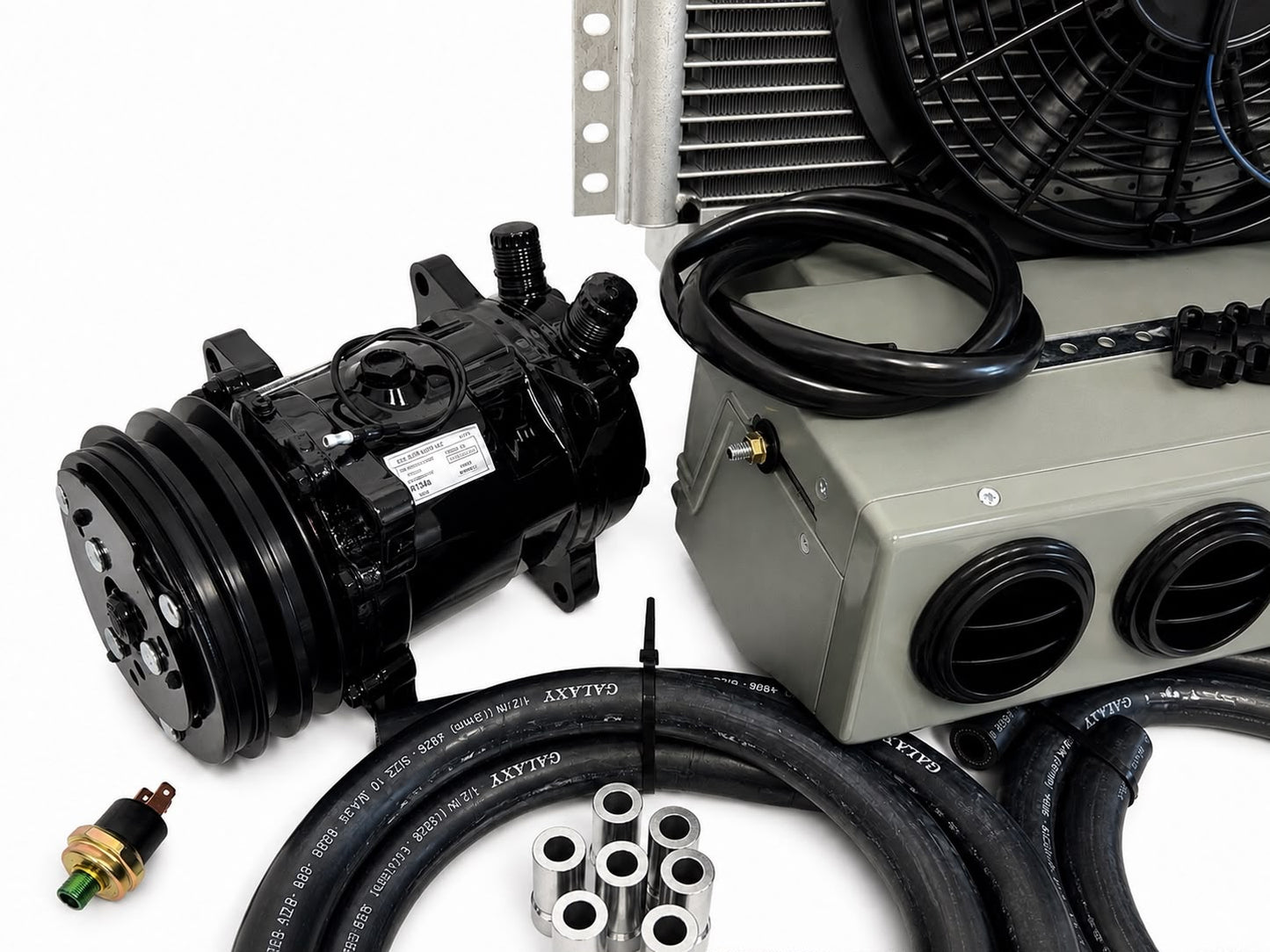 A/C KIT UNIVERSAL UNDER DASH EVAPORATOR 432 SHG VENTS BLACK COMPRESSOR 2A BLACK