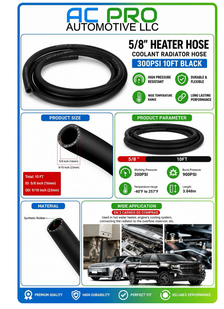 Aain 5/8" Heater Hose Coolant Radiator Hose Working Pressure 300PSI 10FT Black
